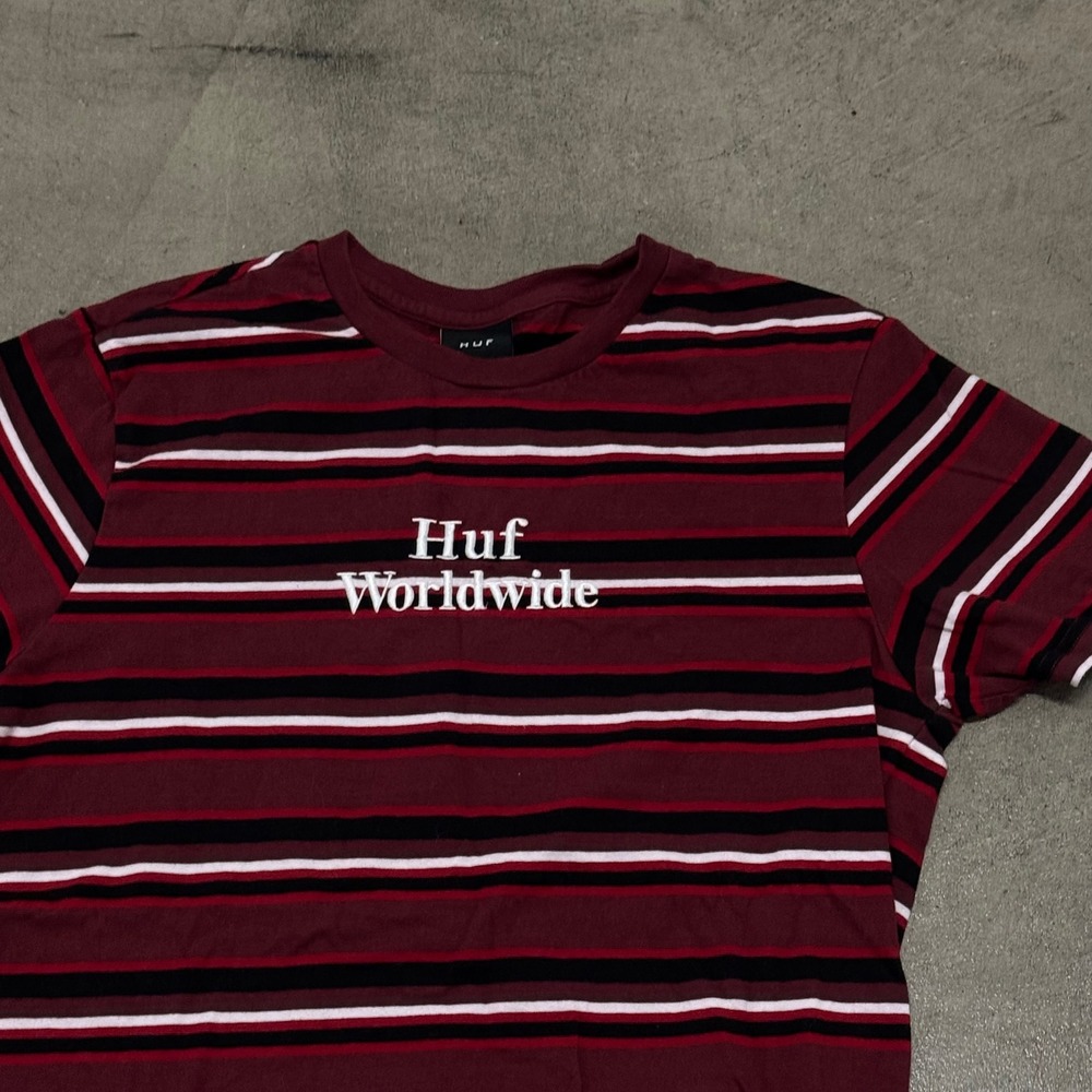Huf Worldwide Striped T-Shirt Burgundy Black White Embroidered Logo Size L
